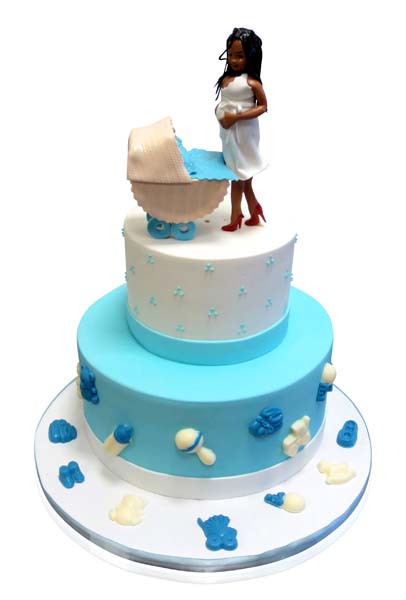 Blue and white baby shower cake with bassinet topper by CMNY Cakes