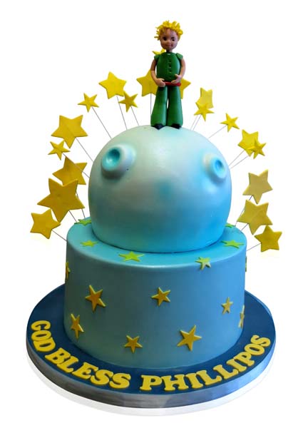 Blue Little Prince christening cake with a sculpted planet and gold stars by CMNY Cakes