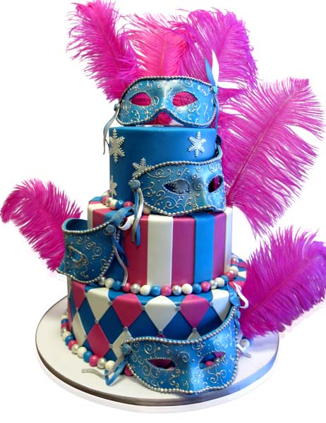 Jewel-toned masquerade cake with feathers by CMNY Cakes