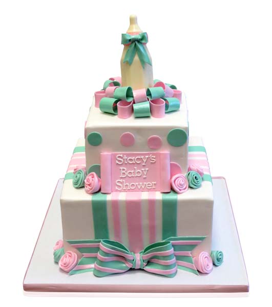 Pink and green two-tier baby shower cake by CMNY Cakes