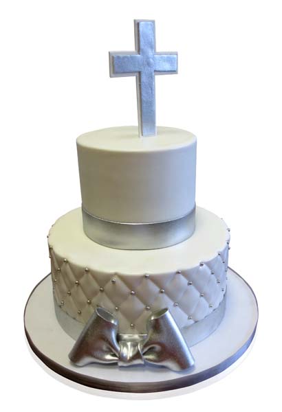 White and silver cross christening cake by CMNY Cakes