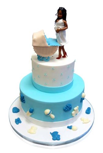 Blue and white baby shower cake with bassinet topper by CMNY Cakes