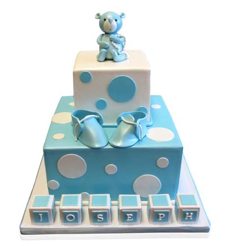 Blue teddy bear and booties christening cake by CMNY Cakes