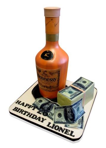 3D sculpted cognac bottle and stacks of money birthday cake by CMNY Cakes