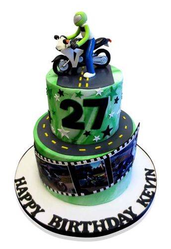Green motorcycle racer themed birthday cake by CMNY Cakes