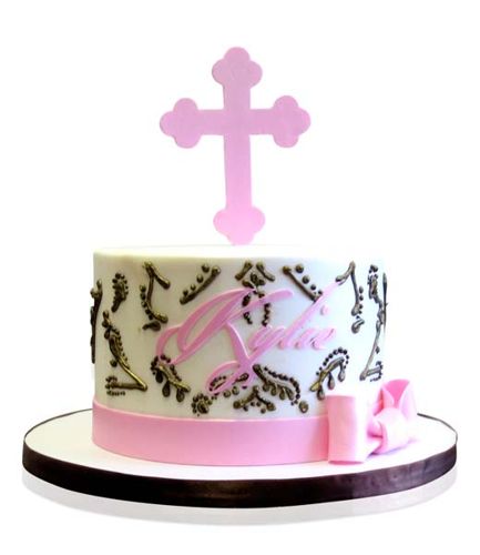 Pink cross christening cake by CMNY Cakes