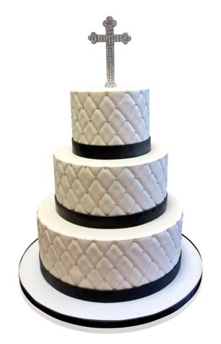 Three tier white quilted christening cake with silver cross by CMNY Cakes